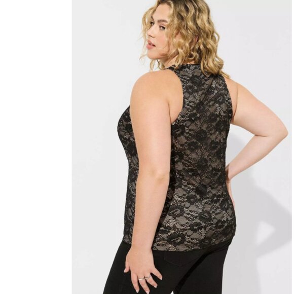 New Torrid Top size 3X Black Tan Stretch Lace High Neck Tank - Picture 2 of 10